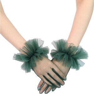 Women's Evening Green Ruffles Tulle Mesh Short Gloves Party Tea Wedding Prom